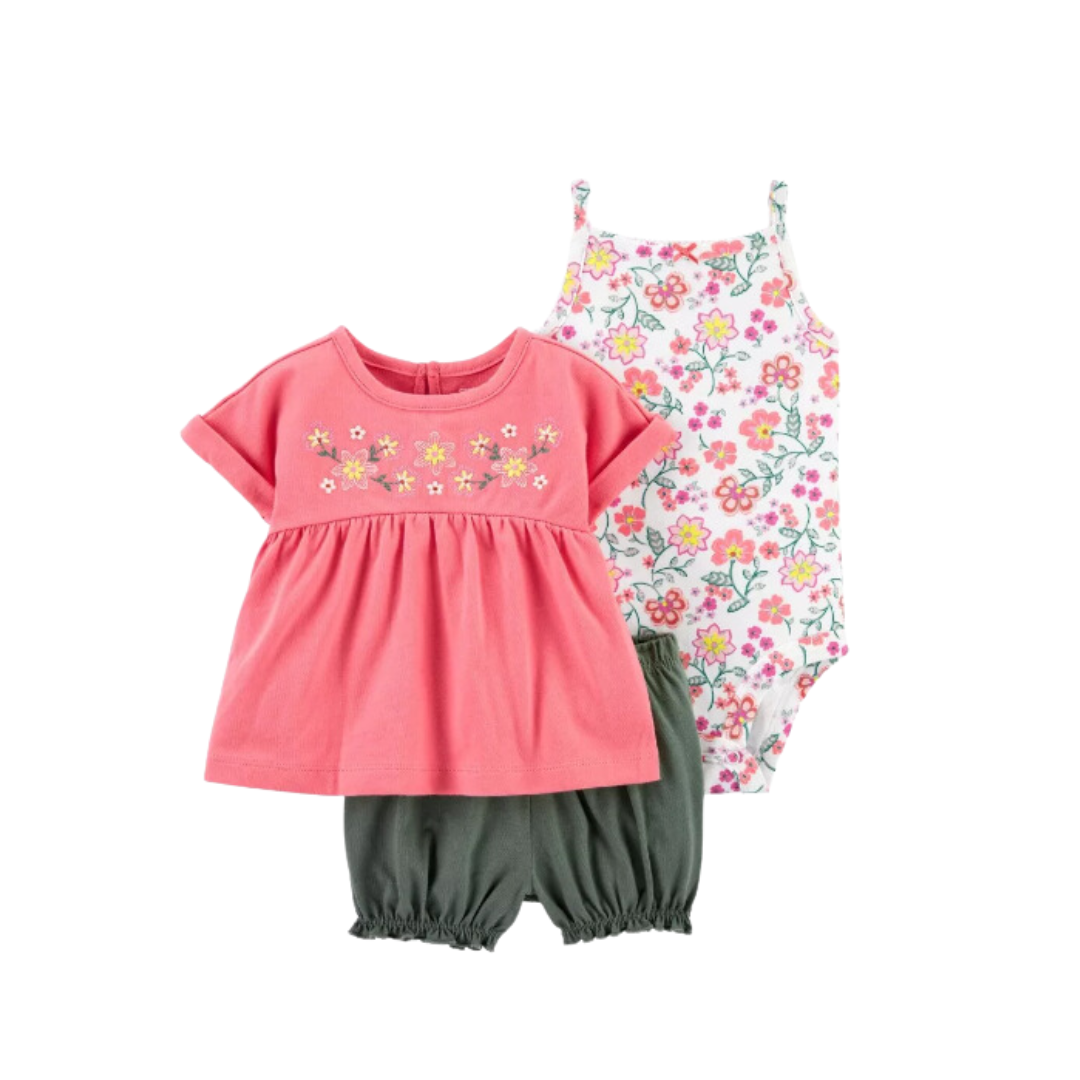 Set de 3 piezas body, polera y short verde de algodón para bebés flores Tedmimak