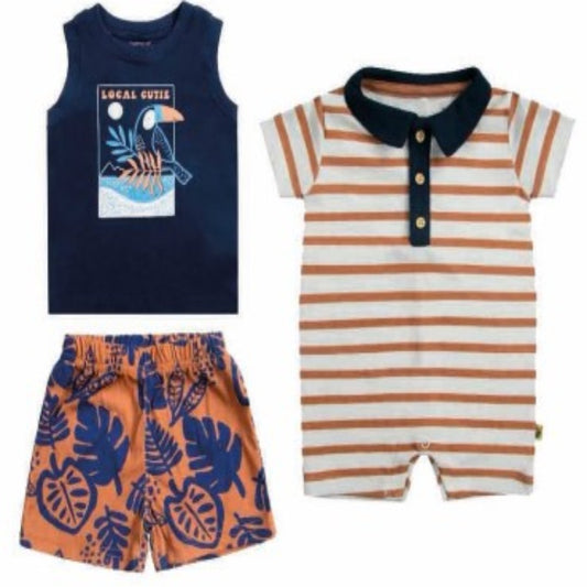 Set de 3 piezas body, polera y short de algodón para bebés Tucán azul Tedmimak