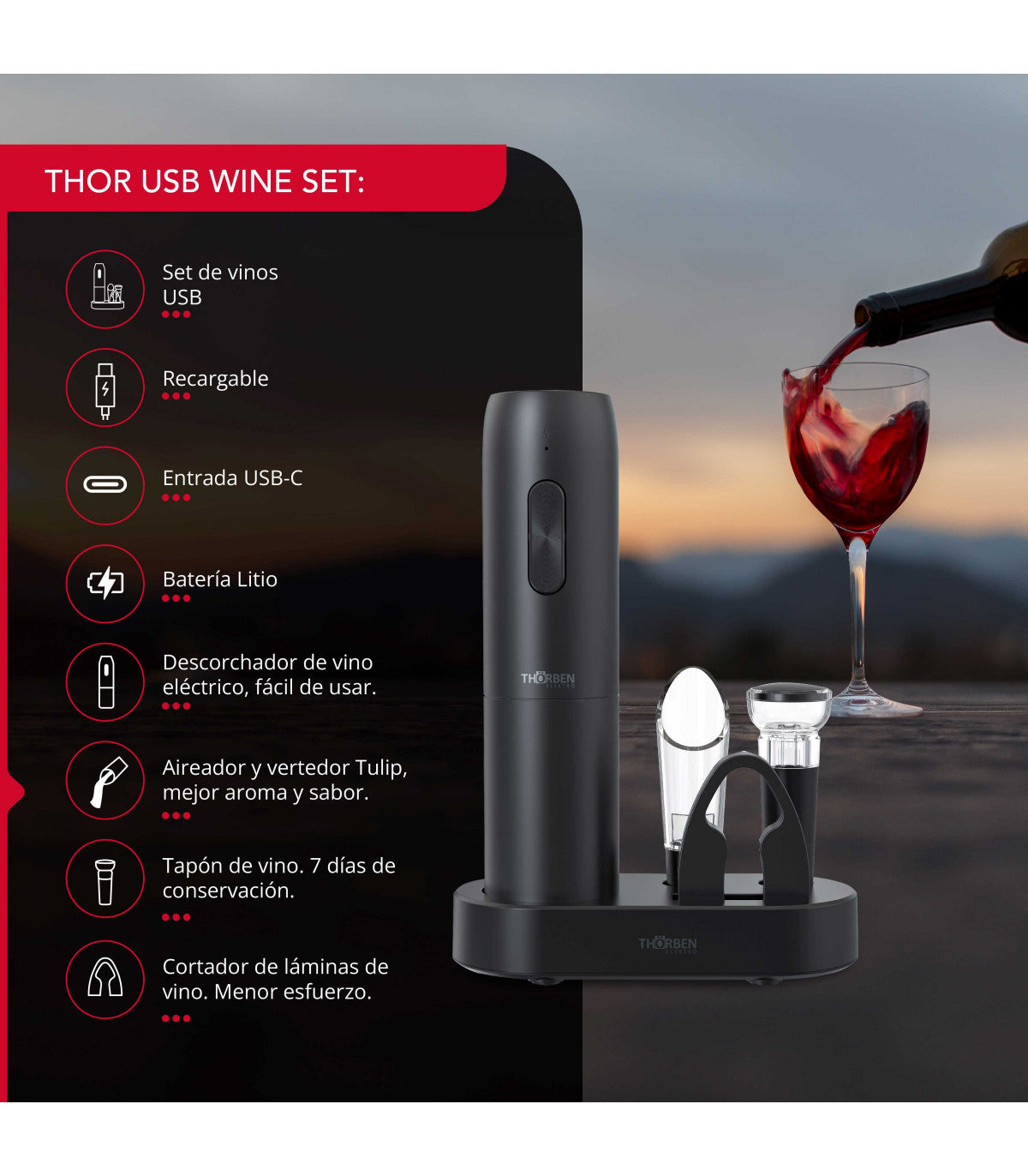 Descorchador de vino Thorben Usb Wine Set